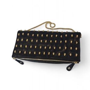THOMAS WYLDE Black Leather Skull Studded Foldover Clutch Chain Shoulder Bag Rare